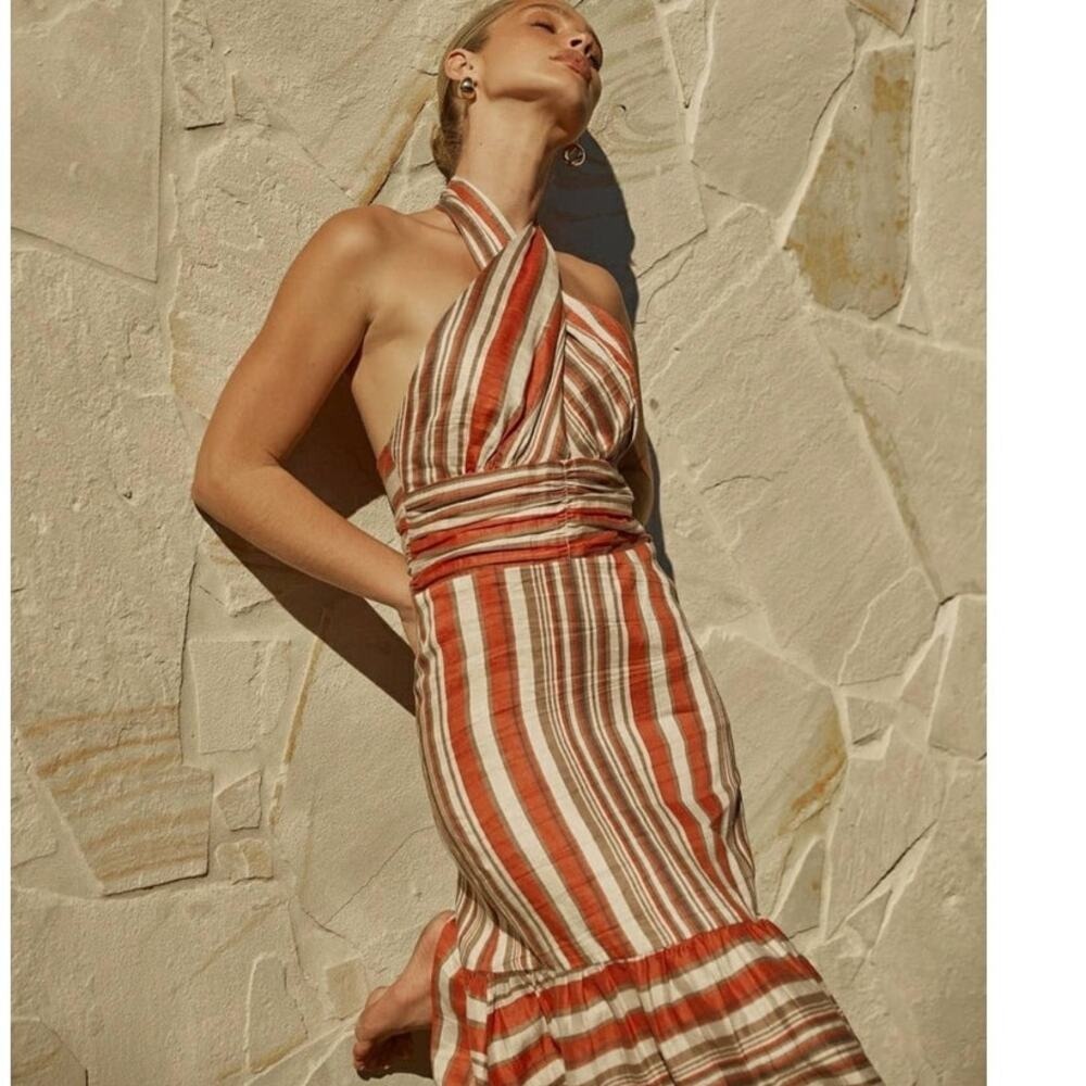 DISSH Striped Halter Maxi Dress in Rust and Cream